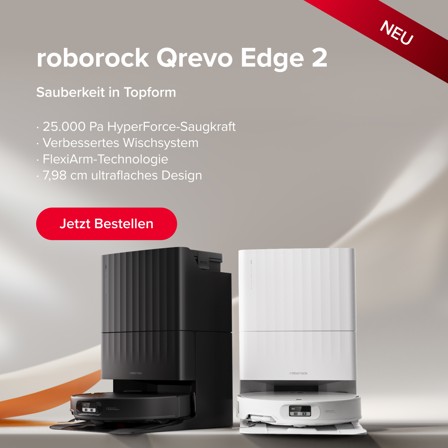 Werbung: roborock Saros Z70. Features: Mechanischer OmniGrip Arm, KI-gestützte Anpassung, StarSight System 2.0, 22.000 Pa Saugkraft. iF Design Award 2025. Button: Jetzt Bestellen.