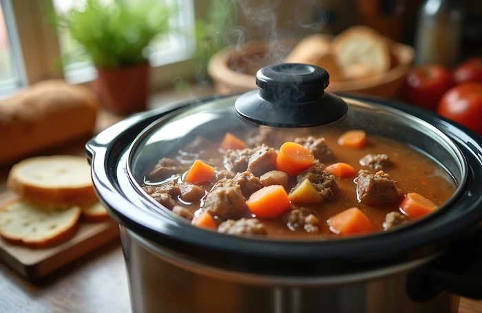 Ein Slow Cooker, in dem ein Eintopf aus Fleisch kocht