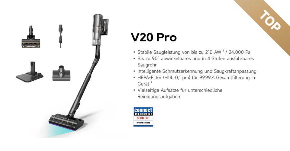 Werbung: TOP-Akkusauger V20 Pro mit abwinkelbarem Rohr und Zubehör. Bietet 24.000 Pa & Schmutzerkennung. Sehr gut getestet.
