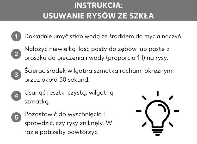 Infografika: Instrukcja: Jak usunąć rysy ze szkła? 1. Dokładnie umyj szkło wodą z dodatkiem płynu do mycia naczyń. 2. Nałóż niewielką ilość pasty do zębów lub pasty z proszku do pieczenia i wody (w proporcji 1) na rysę. 3. Przez około 30 sekund pocieraj środek wilgotną szmatką okrężnymi ruchami. 4. Resztki zetrzyj czystą, wilgotną szmatką. 5. Pozostaw do wyschnięcia i sprawdź, czy rysy zniknęły. W razie potrzeby powtórz czynność.