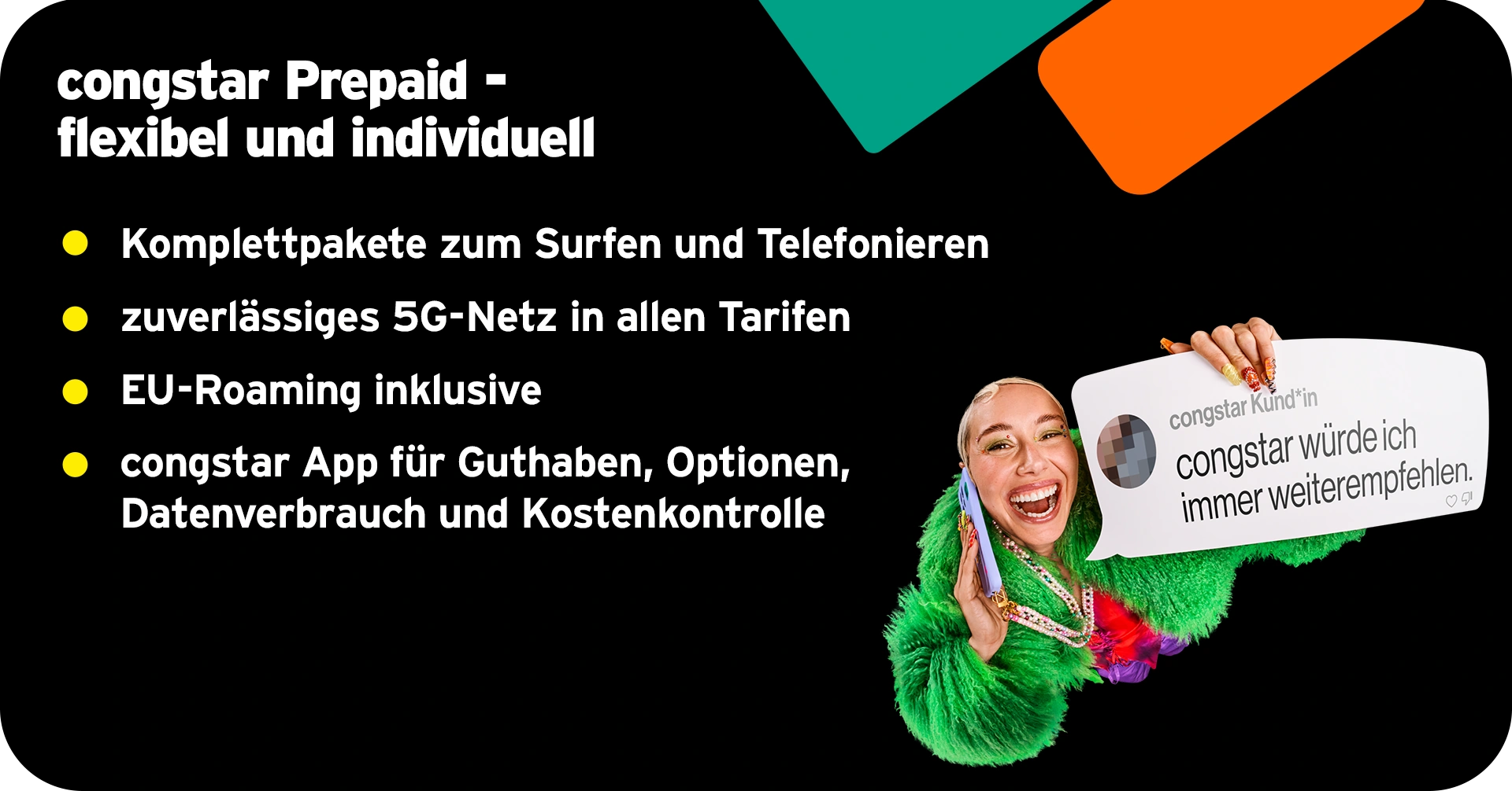 Werbung: Congstar Prepaid Tarife mit verschiedenen Datenvolumen zum Surfen und Telefonieren, 5G-Netz, EU-Roaming inklusive. Congstar App zur Tarif-Verwaltung.