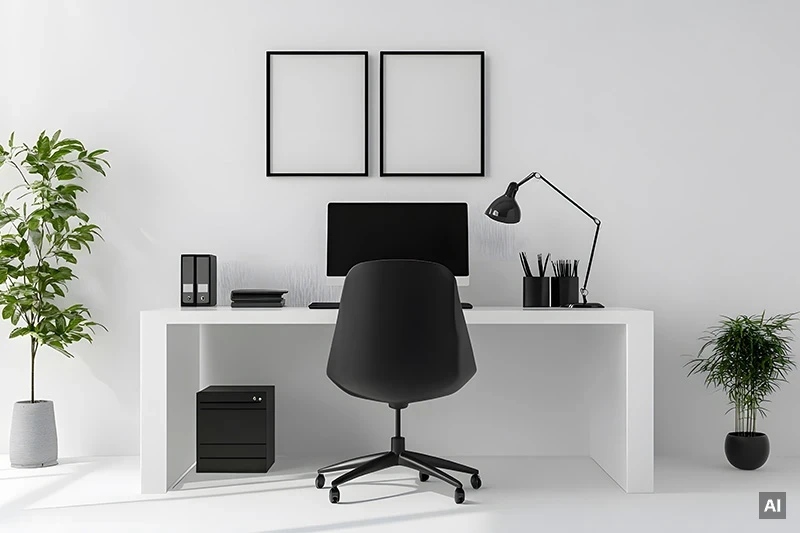 Aufgeräumter Schreibtisch mit Stiftebechern, Ordnern, Schreibtischlampe und Pflanzen an der Seite (Mit KI generiert)