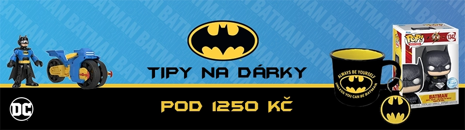 Reklama: Tipy na dárky Batman pod 1250 Kč. Zobrazeny jsou hračky, hrnek a figurka Funko Pop.