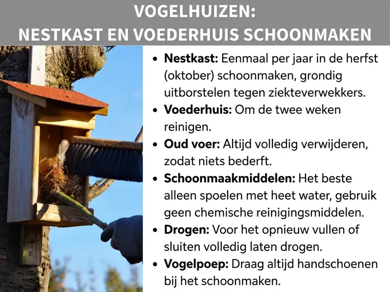 Infographic: Infographic met de titel "Vogelhuisjes: nestkast en voederhuisje schoonmaken". Links is een foto te zien waarop iemand met handschoenen een houten nestkast met rood dak, bevestigd aan een boom, schoonmaakt met een borstel. Rechts staan zes tips als opsomming: de nestkast jaarlijks in de herfst (oktober) reinigen en grondig uitborstelen om ziektekiemen te verwijderen. Het voederhuisje elke twee weken schoonmaken. Oud voer altijd volledig verwijderen zodat het niet kan bederven. Alleen heet water gebruiken voor het reinigen, geen chemische schoonmaakmiddelen. Volledig laten drogen voordat je het opnieuw vult of sluit. Tijdens het schoonmaken altijd handschoenen dragen vanwege vogeluitwerpselen.