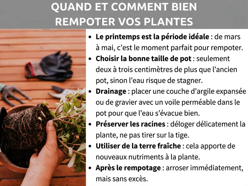 Infographie résumant les étapes du rempotage : choix du pot, drainage, manipulation des racines et arrosage.