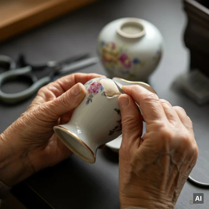 Schmuckbild: Person repariert zerbrochene Vase mit Blumenmuster. Im Hintergrund ist eine weitere Vase sowie Werkzeug zu sehen. (Mit KI generiert)