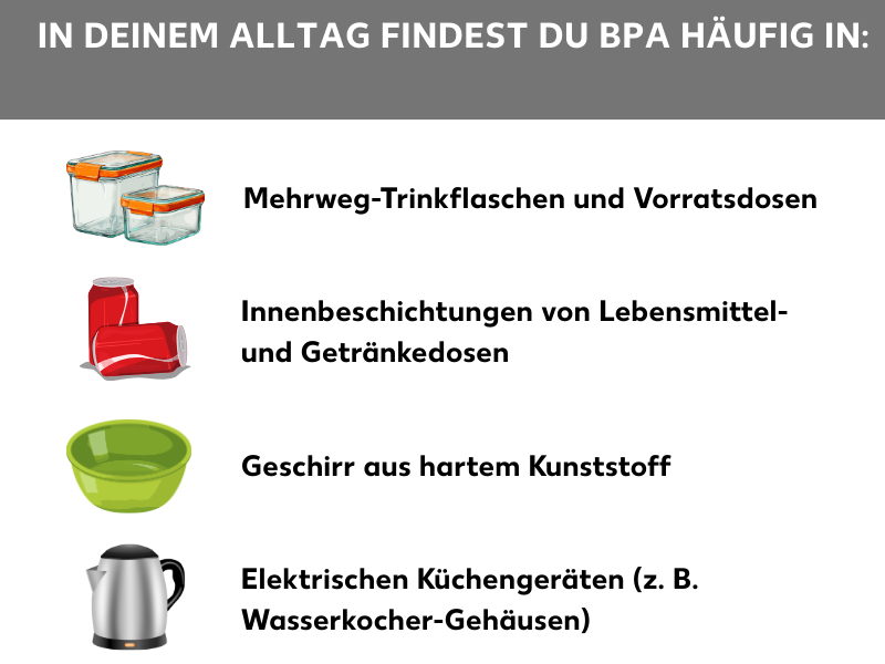Infografik: In deinem Alltag findest du BPA häufig in:: Listenpunkte: Mehrweg-Trinkflaschen und Vorratsdosen, Innenbeschichtungen von Lebensmittel- und Getränkedosen, Geschirr aus hartem Kunststoff, Elektischen Küchengeräten (z.B. Wasserkocher-Gehäusen)