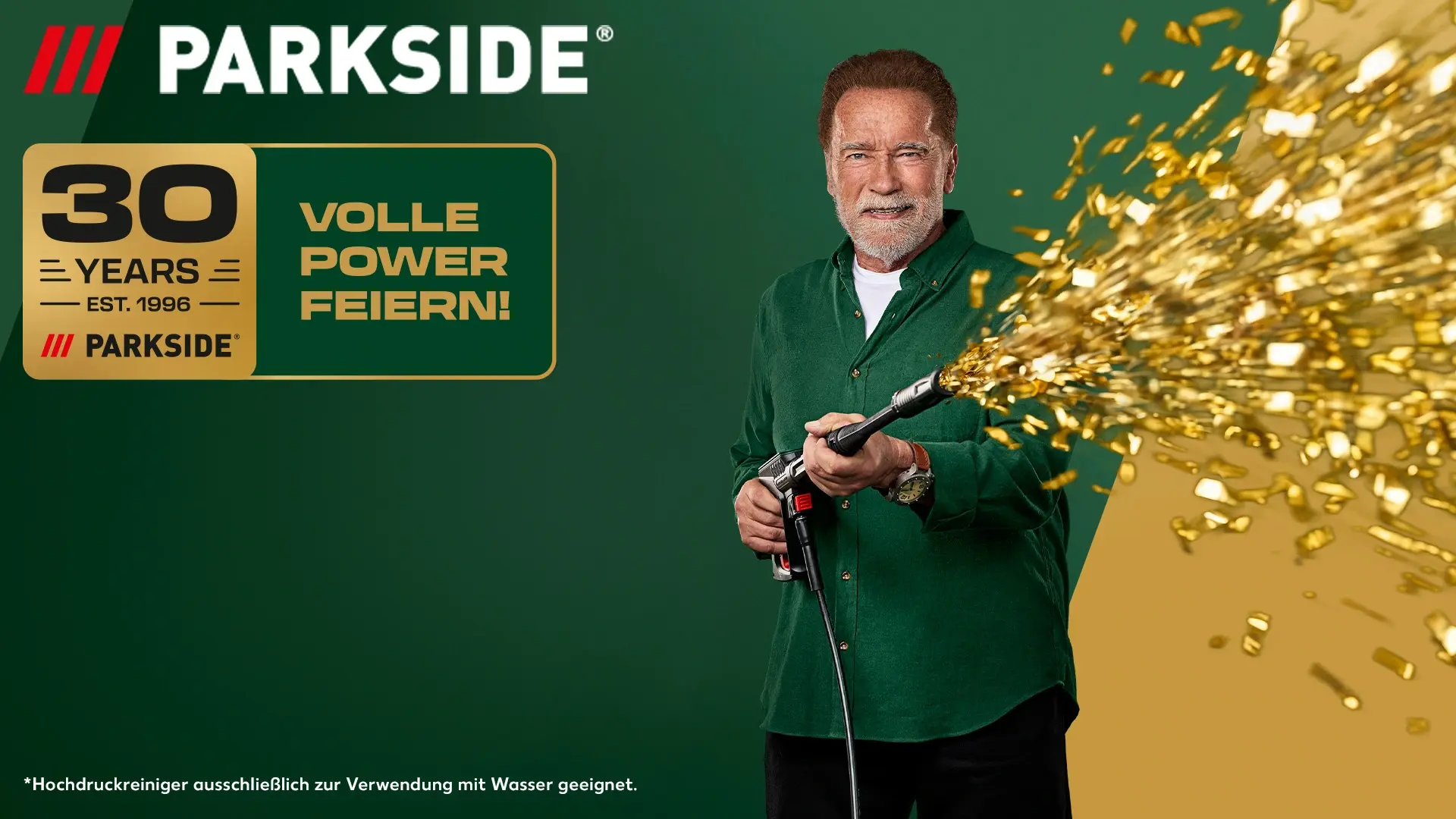 Werbung: Arnold Schwarzenegger hält einen Parkside Akkuschrauber. Daneben der Slogan: DU PACKST DAS!.
