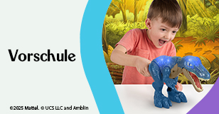 Werbung: Ein Junge spielt begeistert mit einem leuchtenden Spielzeug-Dinosaurier. Text-Banner: Vorschule.