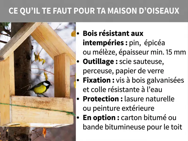 Infographie : le matériel nécessaire pour votre mangeoire à oiseaux. À gauche, une photo de mésange charbonnière posée sur une mangeoire en bois. À droite, cinq points clés : 1. Bois résistant aux intempéries : pin, épicéa ou mélèze, min. 15 mm d'épaisseur. 2. Outils : scie sauteuse, perceuse, papier abrasif. 3. Fixation : vis à bois zinguées et colle waterproof. 4. Protection : lasure naturelle ou peinture extérieure. 5. Optionnel : feutre bitumé ou bande de bitume pour le toit.