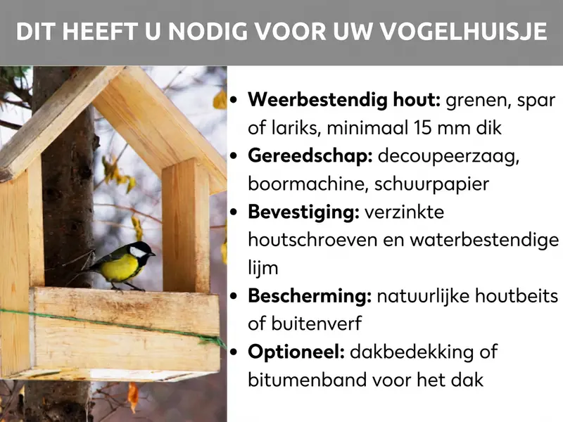 Infographic: Dit heb je nodig voor je vogelhuisje. Links is een foto van een koolmees op een houten vogelhuisje te zien. Rechts staan vijf punten: 1. Weerbestendig hout: grenen, vuren of lariks, min. 15 mm dik. 2. Gereedschap: decoupeerzaag, boormachine, schuurpapier. 3. Bevestiging: verzinkte houtschroeven en waterbestendige lijm. 4. Bescherming: houtbeits op natuurlijke basis of buitenverf. 5. Optioneel: dakpapier of bitumenband voor het dak.