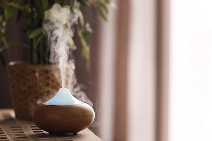 Schmuckbild: Ein Aroma-Diffuser, im Hintergrund eine Pflanze.
