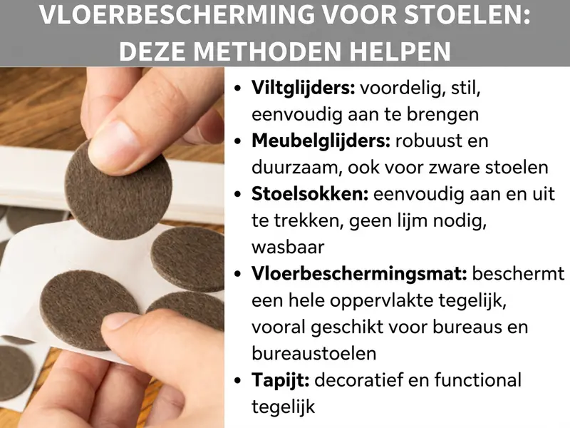 Infographic over vloerbescherming voor stoelen. Links is een foto te zien waarop een hand ronde viltglijders op een wit oppervlak legt. Rechts staan vijf methoden vermeld: viltglijders (goedkoop, geluidsarm, eenvoudig aan te brengen), meubelglijders (robuust en duurzaam, ook voor zware stoelen), stoelsokken (makkelijk aan en uit te doen, geen lijm nodig, wasbaar), vloerbeschermingsmat (beschermt een heel oppervlak, geschikt voor bureaus en bureaustoelen) en vloerkleed (decoratief én functioneel).