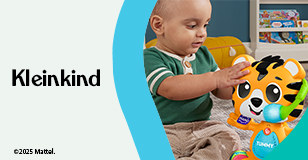 Werbung: Ein Kleinkind sitzt auf dem Boden und spielt mit einem Lernspielzeug in Tiger-Form. Text-Banner: Kleinkind.