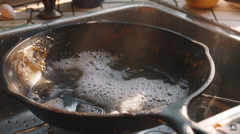 Stark verschmutzte Pfanne reinigen (Mit KI generiert)