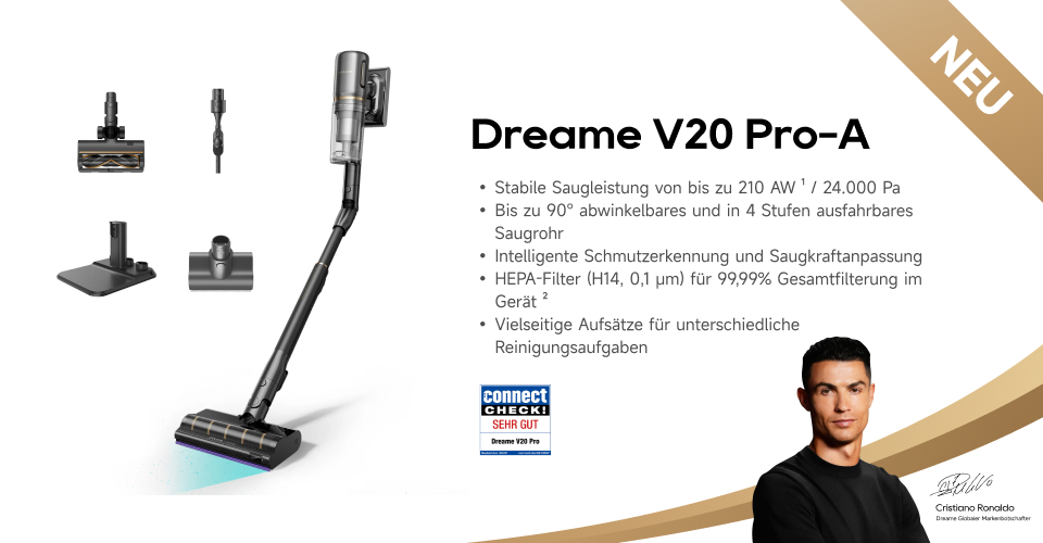 Werbung: NEUER Akkusauger Dreame V20 Pro-A mit C. Ronaldo. Bietet 24.000 Pa, Knickrohr, Zubehör & Sehr gut-Siegel.