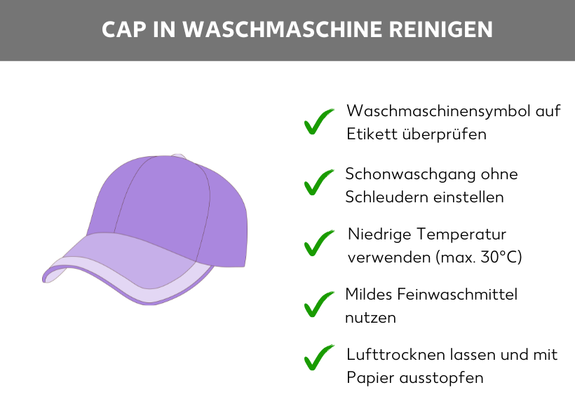 Infografik: Cap in Waschmaschine reinigen, darunter eine lila Kappe mit folgenden Aufzählungspunkten mit grünem Haken: Waschmaschinensymbol auf Etikett überprüfen, Schonwaschgang ohne Schleudern einstellen, Niedrige Temperatur verwenden (max. 30 Grad Celsius), mildes Feinwaschmittel nutzen, Lufttrocknen lassen und mit Papier ausstopfen.