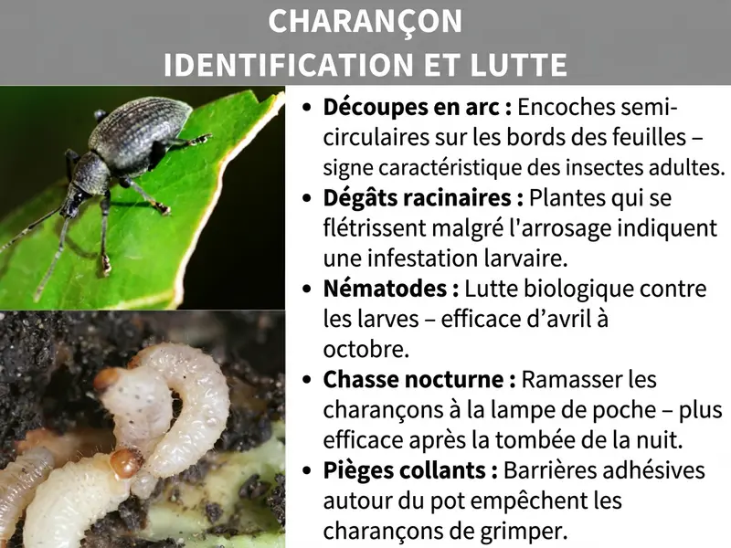 Infographie : « Reconnaître et éliminer les otiorhynques » – Deux gros plans montrent à gauche un otiorhynque gris foncé sur une feuille verte grignotée, et en dessous une larve blanc crème recourbée dans la terre. À droite, cinq points clés : encoches en demi-cercle sur les bords des feuilles, signe typique des coléoptères adultes. Dégâts racinaires : des plantes qui flétrissent malgré l'arrosage indiquent la présence de larves. Nématodes : lutte biologique contre les larves, efficace d'avril à octobre. Ramassage nocturne : collecter les coléoptères à la lampe de poche, idéalement après la tombée de la nuit. Pièges collants : des barrières adhésives autour des pots empêchent les coléoptères de grimper.