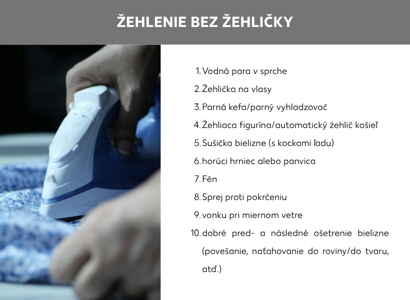 Infografika: Grafika znázorňujúca možnosti žehlenia bez žehličky. Vľavo fotografia, na ktorej niekto žehlí látku žehličkou. Vpravo je uvedený zoznam možností, ako na žehlenie bez žehličky: 1. vodnou parou v sprche, 2. žehličkou na vlasy, 3. ručným naparovačom, 4. pomocou žehliaceho panáka/automatického zariadenia na žehlenie košieľ, 5. v sušičke bielizne (s kockami ľadu), 6. horúcim hrncom alebo horúcou panvicou, 7. sušičom na vlasy, 8. sprejom na vyhladenie záhybov, 9. vonku pôsobením jemného vetra a 10. dobrou prípravou a následnou manipuláciou s bielizňou, zavesením so zachovaním tvaru a vyformovaním látky, aby sa vyrovnala.
