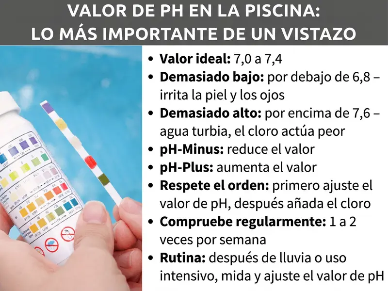 Infografía: «pH de la piscina: lo más importante de un vistazo». A la izquierda, una persona sostiene una tira reactiva y un bote con escala de colores para medir el pH frente al agua turquesa de la piscina. A la derecha figuran los siguientes puntos: valor ideal de 7,0 a 7,4. Demasiado bajo: por debajo de 6,8 – irrita la piel y los ojos. Demasiado alto: por encima de 7,6 – agua turbia, el cloro pierde eficacia. pH-Minus baja el valor, pH-Plus lo sube. Respetar el orden: primero ajustar el pH y después añadir cloro. Comprobar con regularidad: de 1 a 2 veces por semana. Rutina: medir y ajustar el pH tras la lluvia o un uso intensivo.