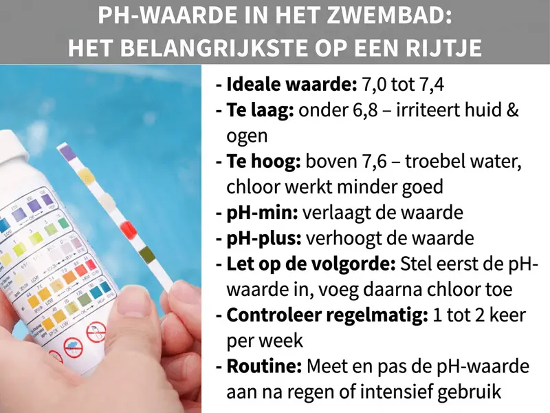 Infographic: "pH-waarde in het zwembad: het belangrijkste op een rij". Links in beeld houdt iemand een teststrip en een potje met kleurenschaal voor pH-waardebepaling voor turquoise zwembadwater. Rechts staan de volgende punten: Ideale waarde 7,0 tot 7,4. Te laag: onder 6,8 – irriteert huid en ogen. Te hoog: boven 7,6 – troebel water, chloor werkt minder goed. pH-minus verlaagt de waarde, pH-plus verhoogt de waarde. Volgorde belangrijk: eerst de pH-waarde instellen, dan chloor toevoegen. Regelmatig controleren: 1 tot 2 keer per week. Routine: na regen of intensief gebruik de pH-waarde meten en bijstellen.