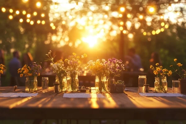 Schmuckbild: Tisch-Arrangement im Sonnenuntergang mit Lichterketten im Hintergrund