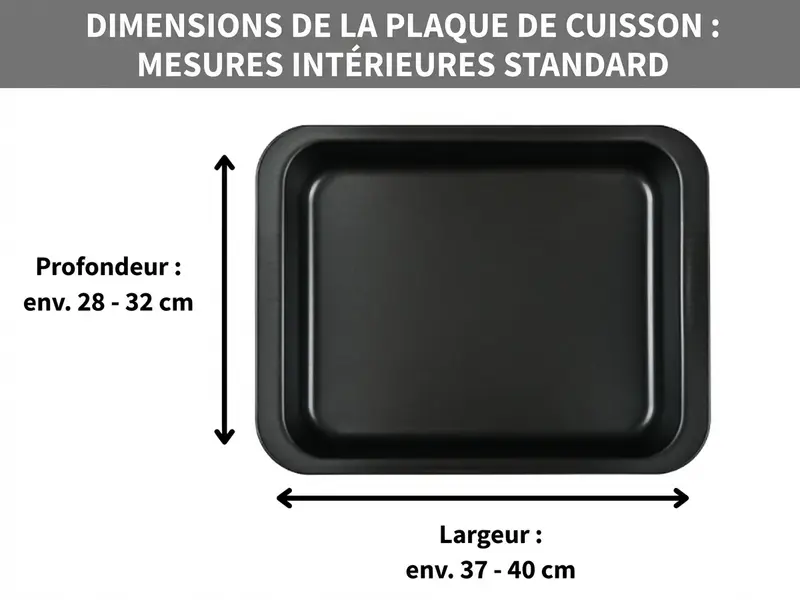 Infographie montrant les dimensions intérieures standard d'une plaque de cuisson.