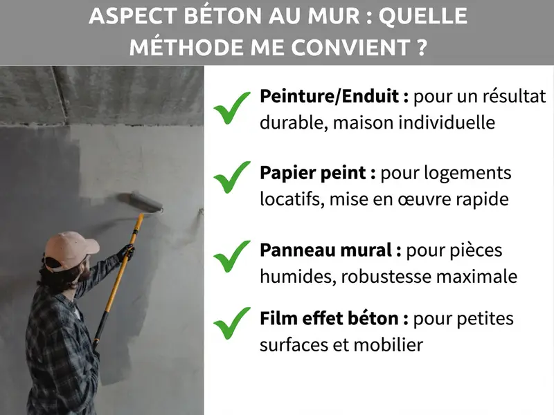 Infographie : aspect béton au mur – quelle méthode choisir ? L’illustration montre à gauche une personne peignant un mur en gris avec un rouleau. À droite, quatre méthodes sont listées avec des coches vertes : 1. Peinture/enduit : pour un résultat durable, maison individuelle. 2. Papier peint : pour les logements en location, mise en œuvre rapide. 3. Panneau mural : pour les pièces humides, robustesse maximale. 4. Film adhésif aspect béton : pour les petites surfaces et les meubles.