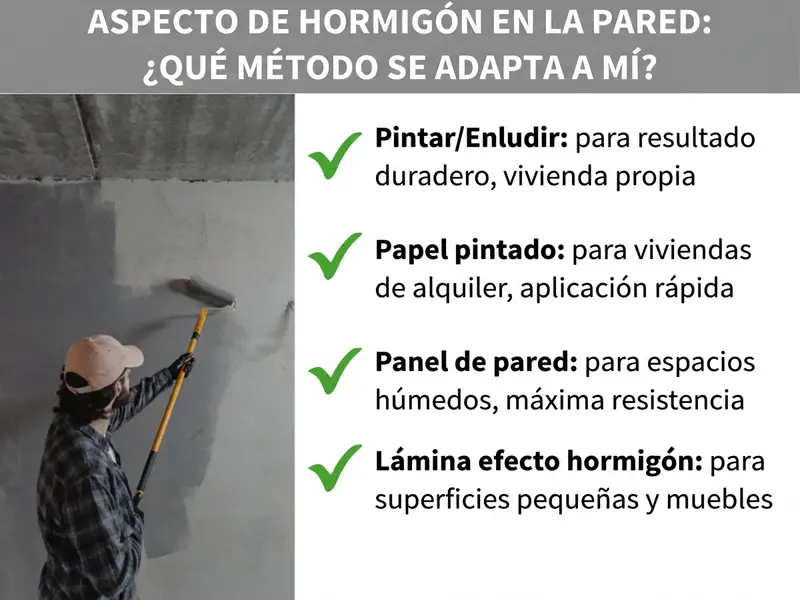 Infografía: efecto hormigón en la pared: ¿qué método es el más adecuado para ti? La imagen muestra a la izquierda a una persona pintando una pared en tono gris con un rodillo. A la derecha se enumeran cuatro métodos con marcas de verificación verdes: 1. Pintar/Espatulear: para un resultado duradero, vivienda propia. 2. Papel pintado: para viviendas de alquiler, aplicación rápida. 3. Panel de pared: para estancias húmedas, máxima resistencia. 4. Vinilo con aspecto de hormigón: para superficies pequeñas y muebles.
