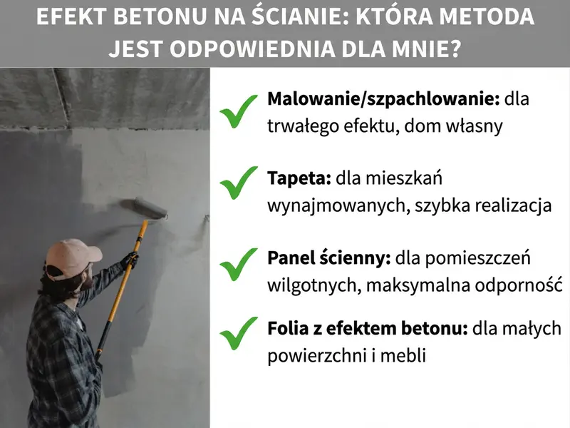 Infografika: efekt betonu na ścianie – która metoda jest dla Ciebie? Grafika przedstawia po lewej stronie osobę malującą ścianę wałkiem w odcieniu szarości. Po prawej wymienione są cztery metody oznaczone zielonymi ptaszkami: 1. Malowanie/szpachlowanie: trwały efekt, idealne do własnego mieszkania. 2. Tapeta: do mieszkań na wynajem, szybkie wykonanie. 3. Panel ścienny: do wilgotnych pomieszczeń, maksymalna wytrzymałość. 4. Folia z efektem betonu: do małych powierzchni i mebli.