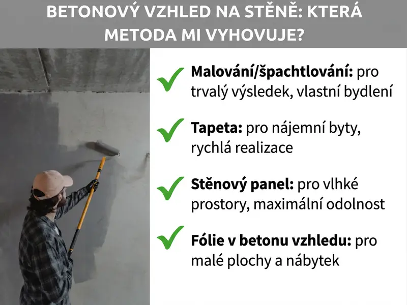 Infografika: Betonový vzhled stěny – jaká metoda se vám hodí? Vlevo je osoba, která válečkem natírá stěnu šedým odstínem. Vpravo jsou uvedeny čtyři metody se zeleným symbolem zaškrtnutí: 1. Natírání/stěrkování – pro trvalý výsledek, vlastní bydlení. 2. Tapeta – pro nájemní byty, rychlá realizace. 3. Nástěnný panel – pro vlhké prostory, maximální odolnost. 4. Fólie s betonovým vzhledem – pro malé plochy a nábytek.