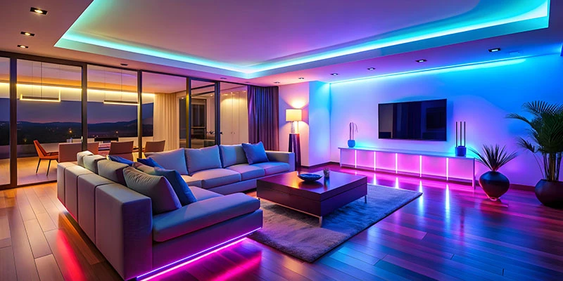 Soggiorno illuminato con luci soffuse colorate