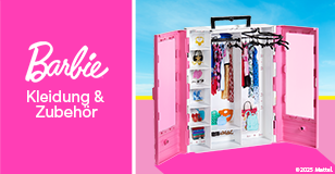Werbung: Ein geöffneter Barbie Kleiderschrank voller Kleidung und Zubehör. Text-Banner: Barbie Kleidung & Zubehör.