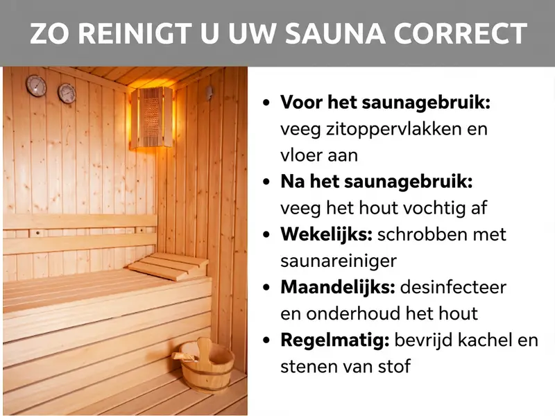 Infographic: Zo maak je je sauna goed schoon. De afbeelding toont links een foto van een lichte houten sauna met banken, een saunakuip en een thermometer aan de wand. Rechts een lijst met vijf punten: 1. Voor het saunagebruik: zitoppervlakken en vloer vegen. 2. Na het saunagebruik: hout vochtig afnemen. 3. Wekelijks: met saunareiniger schrobben. 4. Maandelijks: desinfecteren en het hout verzorgen. 5. Regelmatig: kachel en stenen stofvrij maken.