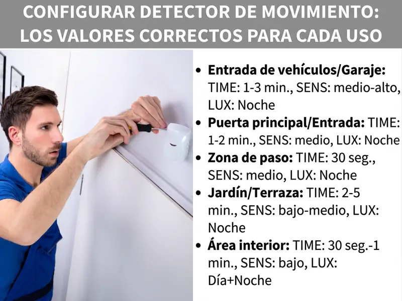 Infografía: Ajustar detector de movimiento correctamente — Los valores adecuados para cada uso. Se muestra una tabla resumen con cinco filas. Cada fila indica una ubicación y los valores recomendados para los tres reguladores TIME, SENS y LUX: 1. Entrada de vehículos/garaje: TIME 1-3 min, SENS medio-alto, LUX Noche. 2. Puerta principal/entrada: TIME 1-2 min, SENS medio, LUX Noche. 3. Zona de paso: TIME 30 s, SENS medio, LUX Noche. 4. Jardín/terraza: TIME 2-5 min, SENS bajo-medio, LUX Noche. 5. Interior: TIME 30 s-1 min, SENS bajo, LUX Día+Noche. El fondo es azul oscuro con texto en blanco y naranja.