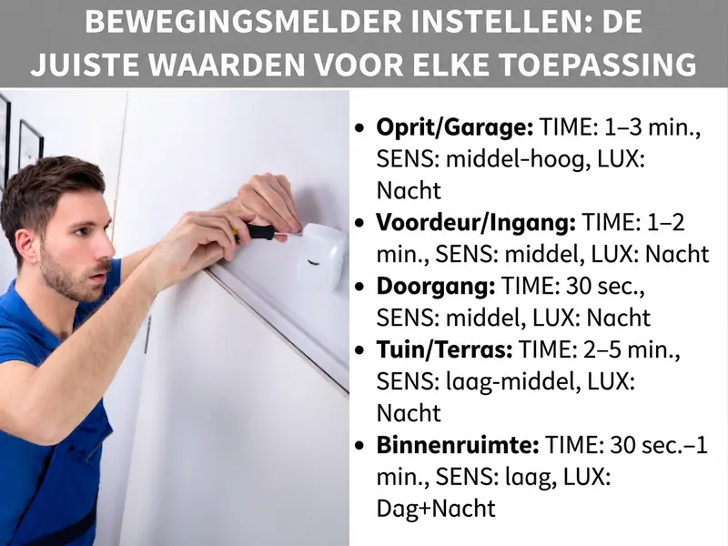 Infographic: Bewegingsmelder instellen – De juiste waarden voor elk gebruik. Te zien is een overzichtstabel met vijf rijen. Elke rij noemt een gebruikslocatie en de aanbevolen waarden voor de drie regelaars TIME, SENS en LUX: 1. Oprit/garage: TIME 1–3 min., SENS gemiddeld–hoog, LUX nacht. 2. Voordeur/ingang: TIME 1–2 min., SENS gemiddeld, LUX nacht. 3. Doorlooppad: TIME 30 sec., SENS gemiddeld, LUX nacht. 4. Tuin/terras: TIME 2–5 min., SENS laag–gemiddeld, LUX nacht. 5. Binnenruimte: TIME 30 sec.–1 min., SENS laag, LUX dag+nacht. De achtergrond is donkerblauw, de tekst wit en oranje.
