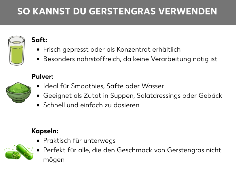 Infografik: So kannst du Gerstengras verwenden: Saft: Frisch gepresst oder als Konzentrat erhältlich, Besonders nährstoffreich, da keine Verarbeitung nötig ist, Pulver: Ideal für Smoothies, Säfte oder Wasser, Geeignet als Zutat in Suppen, Salatdressings oder Gebäck, Schnell und einfach zu dosieren, Kapseln: Praktisch für unterwegs, Perfekt für alle, die den Geschmack von Gerstengras nicht mögen.