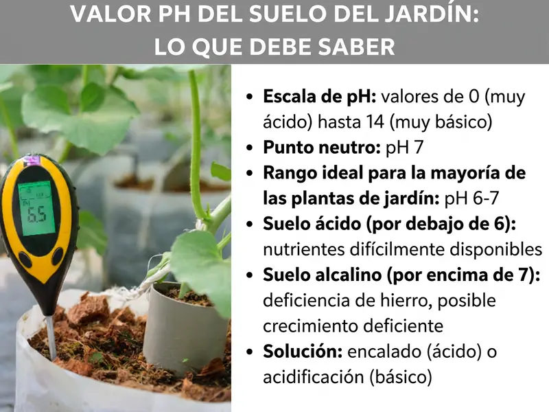 Infografía «pH del suelo del jardín: lo que debes saber» con un medidor de pH amarillo y negro clavado en la tierra junto a una planta y seis datos informativos: la escala de pH va de 0 (muy ácido) a 14 (muy básico), el punto neutro se sitúa en pH 7, el rango ideal para la mayoría de las plantas de jardín es pH 6–7, en suelos ácidos (por debajo de 6) los nutrientes están poco disponibles, en suelos alcalinos (por encima de 7) existe riesgo de carencia de hierro y crecimiento débil, y como solución se recomienda encalar en suelos ácidos o acidificar en suelos básicos.