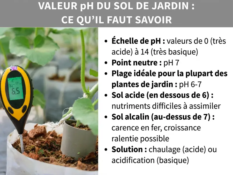 Infographie « pH du sol au jardin : l'essentiel à savoir » avec un pH-mètre jaune et noir planté dans la terre à côté d'une plante et six informations : l'échelle du pH va de 0 (très acide) à 14 (très alcalin), le point de neutralité se situe à pH 7, la plage idéale pour la plupart des plantes de jardin est pH 6-7, en sol acide (en dessous de 6) les nutriments sont peu disponibles, en sol alcalin (au-dessus de 7) des carences en fer et un retard de croissance sont possibles, les solutions recommandées sont le chaulage pour un sol acide et l'acidification pour un sol alcalin.