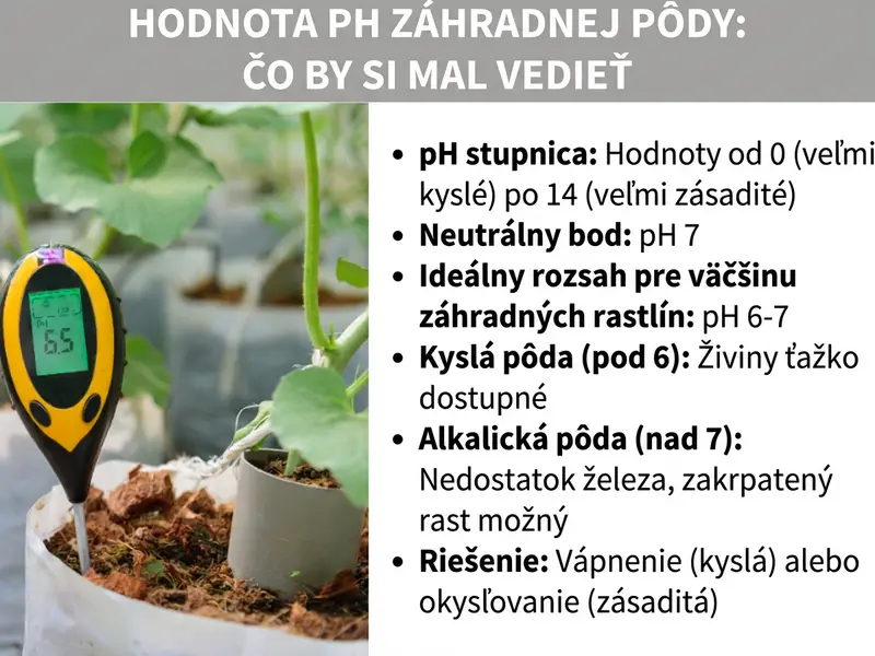 Infografika „pH pôdy v záhrade: čo by ste mali vedieť" so žlto-čiernym pH metrom zapichnutým v pôde vedľa rastliny a šiestimi informáciami: stupnica pH sa pohybuje od 0 (veľmi kyslé) po 14 (veľmi zásadité), neutrálny bod je pH 7, ideálny rozsah pre väčšinu záhradných rastlín je pH 6 – 7, v kyslej pôde (pod 6) sú živiny ťažko dostupné, v alkalickej pôde (nad 7) hrozí nedostatok železa a zakrpatený rast, riešením je vápnenie pri kyslej alebo okysľovanie pri zásaditej pôde.