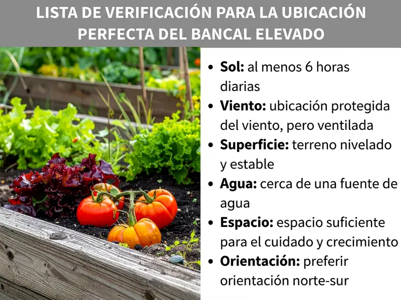Infografía: lista de comprobación para la ubicación perfecta del huerto elevado. La imagen muestra a la izquierda una foto de un huerto elevado plantado con tomates, lechugas y otras hortalizas. A la derecha se enumeran seis puntos: 1. Sol: al menos 6 horas al día. 2. Viento: ubicación protegida del viento, pero ventilada. 3. Superficie: terreno nivelado y estable. 4. Agua: cerca de una toma de agua. 5. Espacio: suficiente para el mantenimiento y el crecimiento. 6. Orientación: preferir la orientación norte-sur.