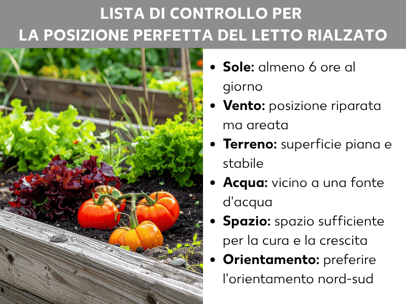Infografica: checklist per la posizione perfetta dell'orto rialzato. A sinistra è visibile la foto di un orto rialzato con pomodori, insalata e altre piante ortive. A destra sono elencati sei punti: 1. Sole: almeno 6 ore al giorno. 2. Vento: posizione riparata ma ben aerata. 3. Terreno: superficie piana e stabile. 4. Acqua: vicinanza a una fonte d'acqua. 5. Spazio: sufficiente per la cura e la crescita. 6. Orientamento: preferire l'asse nord-sud.