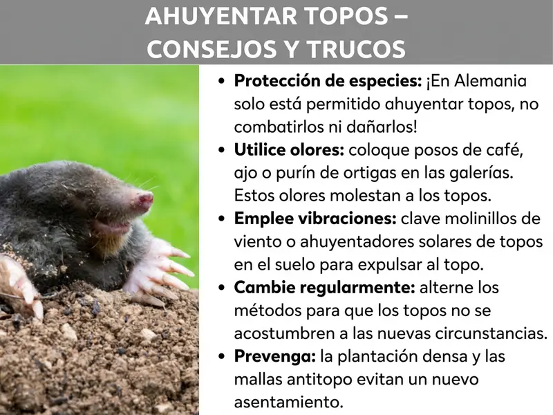Infografía: Una infografía con el título «Ahuyentar topos – consejos y trucos» sobre fondo gris. A la izquierda se muestra una fotografía de un topo asomando de la tierra con sus garras excavadoras y su hocico rosado visibles. A la derecha aparecen cinco consejos en forma de lista: primero, «Protección de la especie»: en España, los topos solo pueden ser ahuyentados, no combatidos ni dañados. Segundo, «Usar olores»: colocar posos de café, ajo o purín de ortiga en las galerías, ya que estos olores molestan a los topos. Tercero, «Emplear vibraciones»: clavar molinillos de viento o ahuyentadores solares en el suelo para ahuyentar al topo. Cuarto, «Alternar con regularidad»: cambiar de método para que los topos no se acostumbren a las nuevas condiciones. Quinto, «Prevenir»: la plantación densa y las mallas antitopo evitan una nueva colonización.
