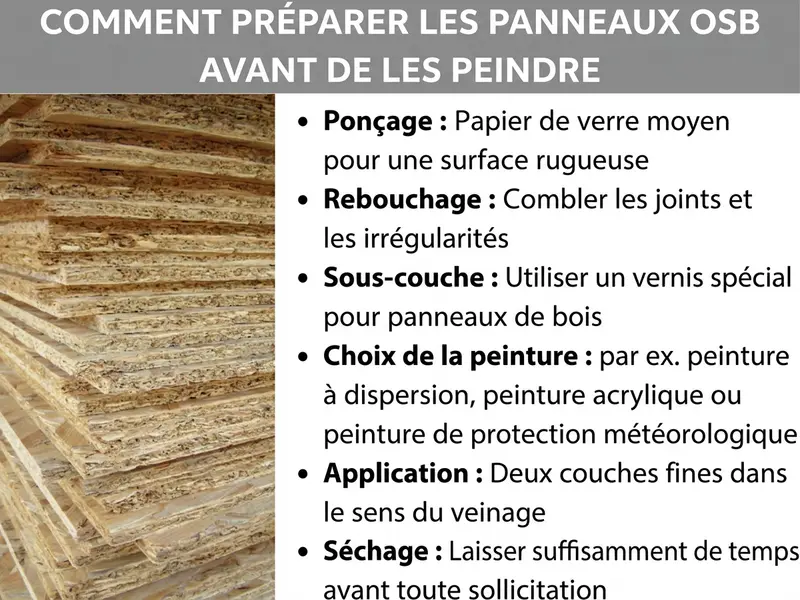 Infographie : titre « Comment préparer vos panneaux OSB avant de les peindre » sur un bandeau gris. À gauche, une photo de panneaux OSB empilés avec leur structure en copeaux de bois apparente. À droite, une liste de six étapes : poncer avec du papier abrasif à grain moyen ; reboucher les joints et les irrégularités ; appliquer une sous-couche spéciale pour bois reconstitué ; choisir sa peinture (par ex. peinture acrylique, dispersion ou peinture de protection extérieure) ; peindre en deux couches fines dans le sens du veinage ; laisser sécher suffisamment avant toute utilisation.
