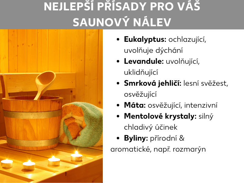 Infografika: Nejlepší přísady do saunového nálevu. Seznam obsahuje šest bodů: 1. Eukalyptus: chladivý, uvolňuje dýchací cesty. 2. Levandule: relaxační, uklidňující. 3. Jedle: lesní svěžest, povzbuzující. 4. Máta: osvěžující, intenzivní. 5. Mentolové krystaly: silný chladivý efekt. 6. Bylinky: přirozeně aromatické, např. rozmarýn a tymián. V pozadí je sauna s dřevěným vědrem, naběračkou, ručníkem a hořícími čajovými svíčkami.