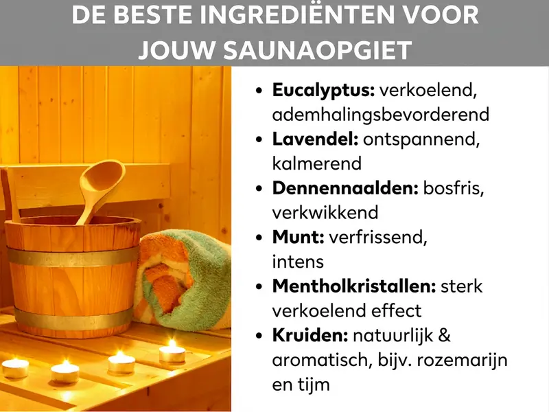 Infographic: de beste ingrediënten voor je saunaopgieting. De lijst bevat zes punten: 1. Eucalyptus: verkoelend, bevrijdt de luchtwegen. 2. Lavendel: ontspannend, kalmerend. 3. Dennennaalden: bosfris, verkwikkend. 4. Munt: verfrissend, intens. 5. Mentholkristallen: sterk verkoelend effect. 6. Kruiden: natuurlijk en aromatisch, bijv. rozemarijn en tijm. Op de achtergrond is een sauna te zien met een houten emmer, een opgietlepel, een handdoek en brandende waxinelichtjes.