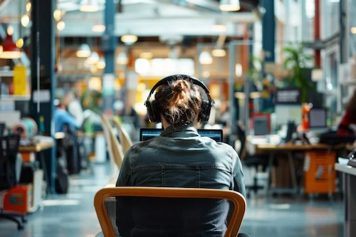 Frau mit Noise-Cancelling-Kopfhörern im Café