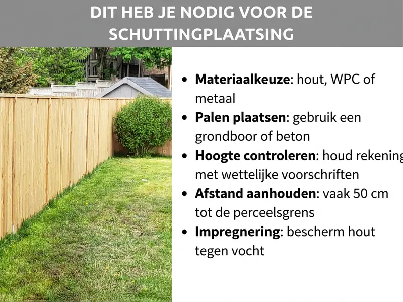Infographic: Dit heb je nodig voor de zichtschutting. De lijst bevat vijf punten: 1. Materiaalkeuze: hout, WPC of metaal. 2. Palen plaatsen: grondboor of beton gebruiken. 3. Hoogte controleren: wettelijke voorschriften naleven. 4. Afstand aanhouden: raadpleeg je gemeente voor de juiste afstand tot de erfgrens. 5. Impregneren: hout beschermen tegen vocht. Op de achtergrond is een foto te zien van een lichte houten zichtschutting in een groene tuin.