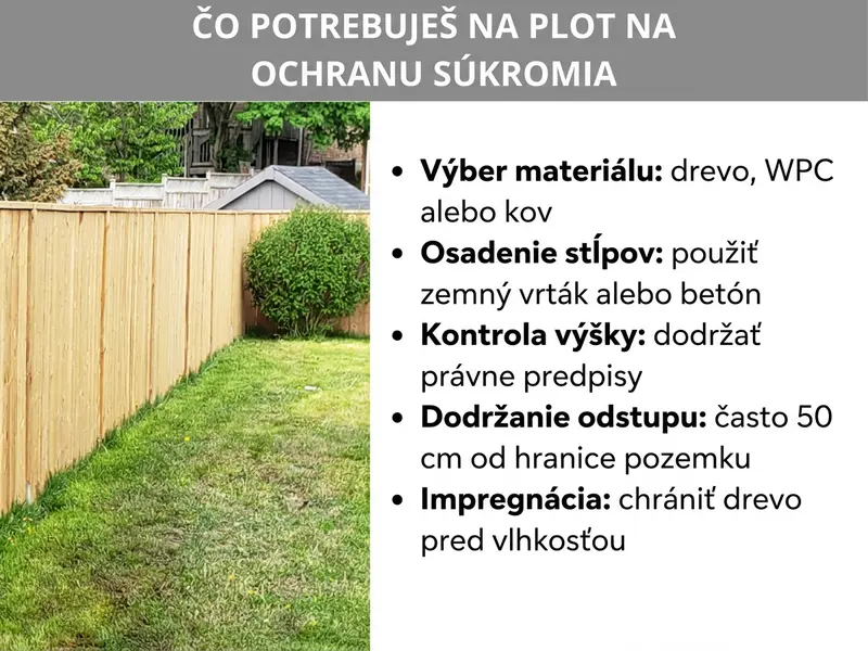 Infografika: Čo potrebujete na tieniaci plot. Zoznam obsahuje päť bodov: 1. Výber materiálu: drevo, WPC alebo kov. 2. Osadenie stĺpikov: zemný vrták alebo betón. 3. Kontrola výšky: dodržiavanie právnych predpisov. 4. Dodržanie odstupu od hranice pozemku. 5. Impregnácia: ochrana dreva pred vlhkosťou. Na pozadí je fotografia svetlého dreveného tieniaceho plota v zelenej záhrade.
