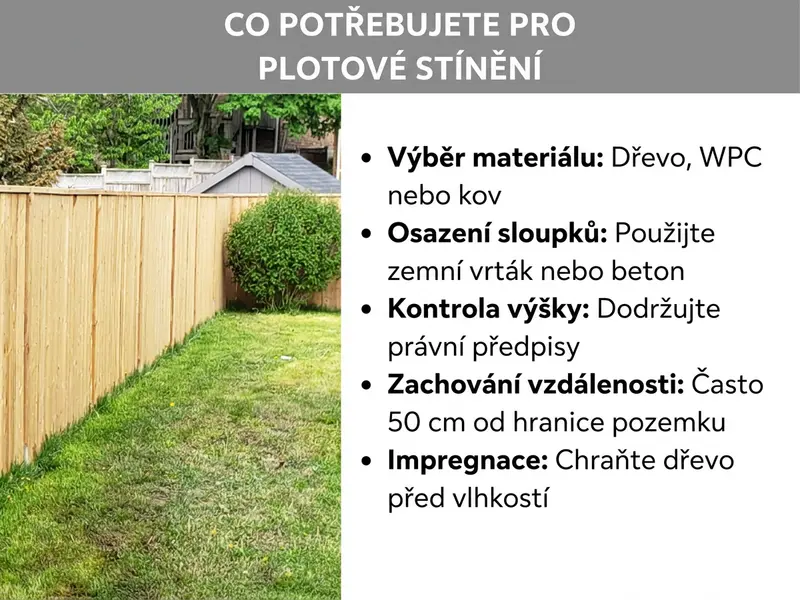 Infografika s pěti klíčovými kroky pro stavbu plotu se zástěnou, od výběru materiálu po impregnaci dřeva.
